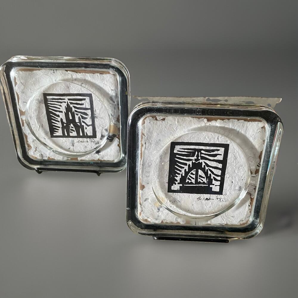 Pair Miniature Original Linocut Prints on Hand Made Paper Coasters Paperweights